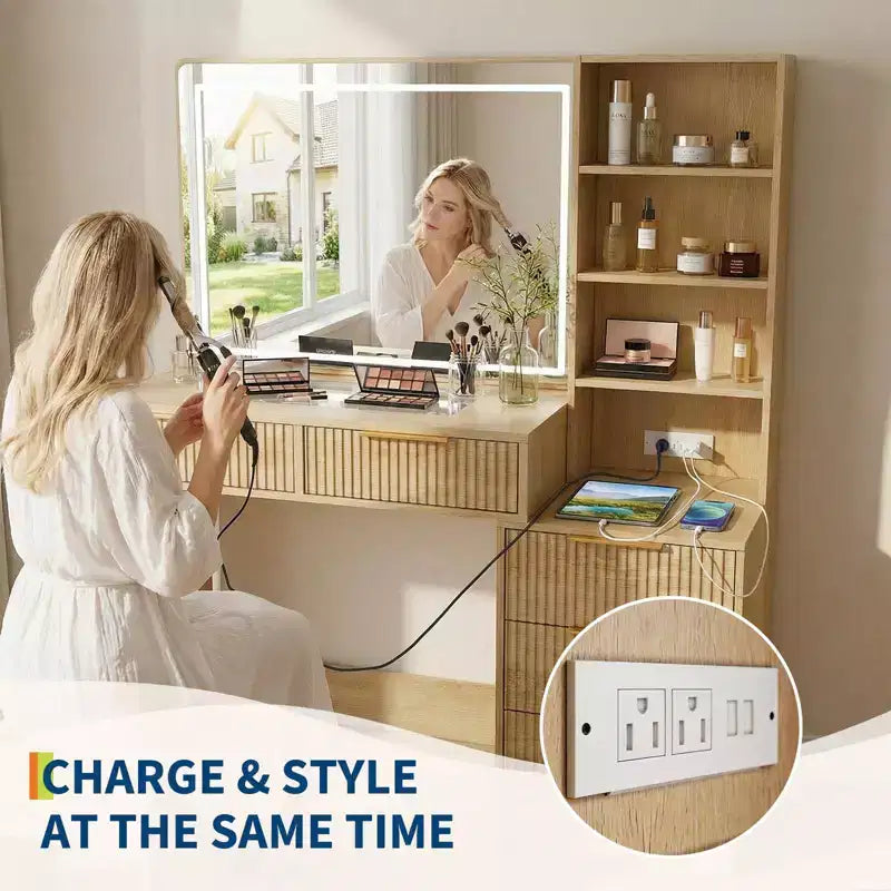 Coiffeuse de maquillage avec miroir éclairé et station de recharge, tactile 3 couleurs à intensité variable, 5 tiroirs et plateau en verre, table de maquillage moderne pour chambre à coucher