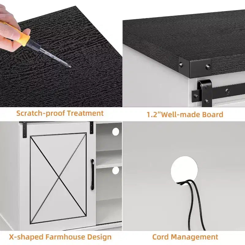 Meuble TV de style ferme pour téléviseurs jusqu'à 65 pouces, meuble de divertissement avec portes coulissantes de grange et armoires de rangement, console multimédia pour salon, chambre à coucher
