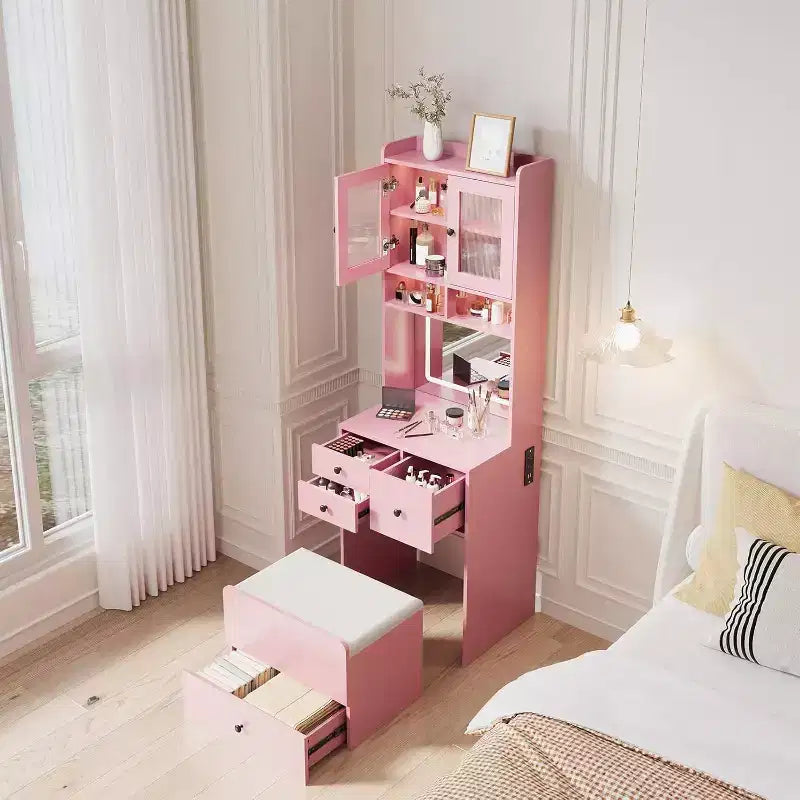 Coiffeuse 3-en-1 avec miroir lumineux, table de toilette compacte avec tiroirs, compartiment de rangement et tabouret roulant pour chambre à coucher