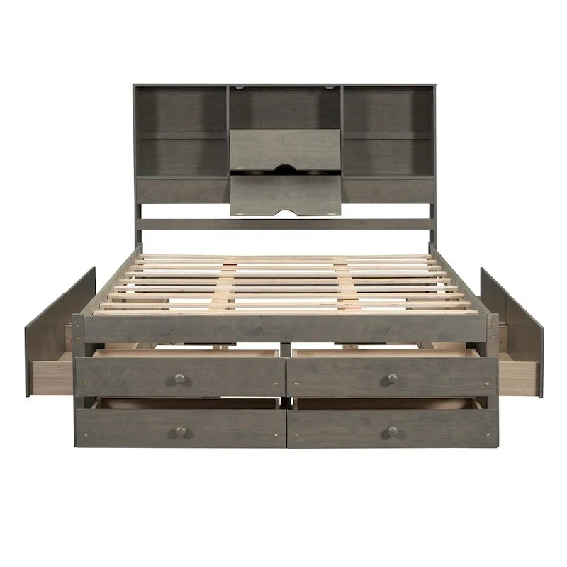 Lit moderne queen size gris en bois avec tête de lit de rangement et 8 tiroirs
