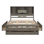 Lit moderne queen size gris en bois avec tête de lit de rangement et 8 tiroirs