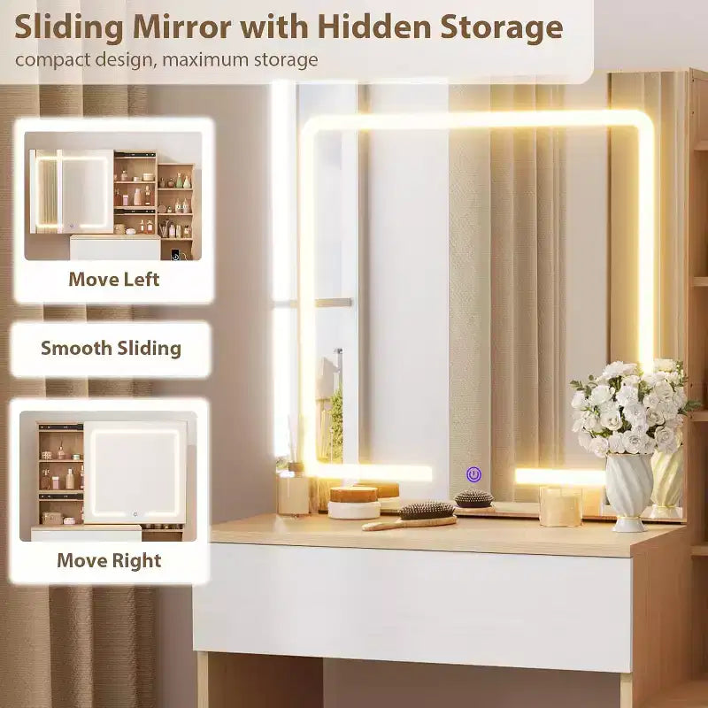 Coiffeuse moderne DobleePy avec miroir coulissant et lumières LED, 4 tiroirs, 7 étagères, station de recharge et tabouret, table de maquillage pour chambre à coucher