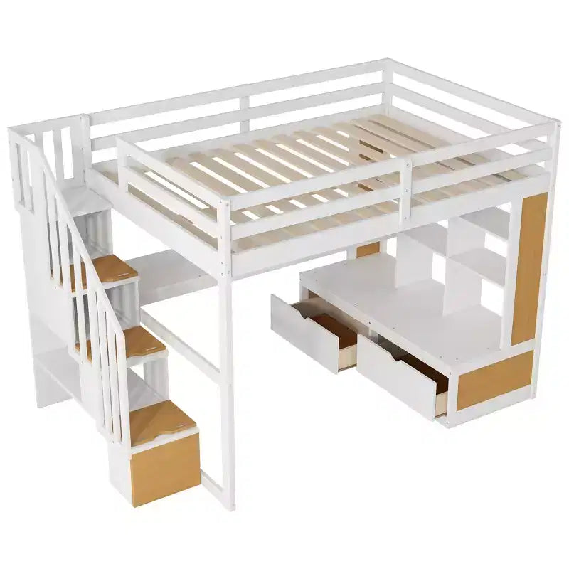 Lit mezzanine pleine grandeur avec escalier et bureau, cadre de lits mezzanine en bois avec tiroirs de rangement et étagères pour adultes, adolescents et enfants