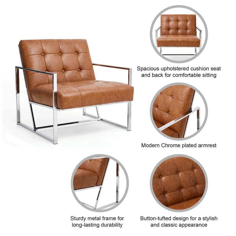 Glitzhome Fauteuil d'appoint touffeté en cuir PU crème, style milieu de siècle, 77,5 cm de hauteur, avec cadre chromé