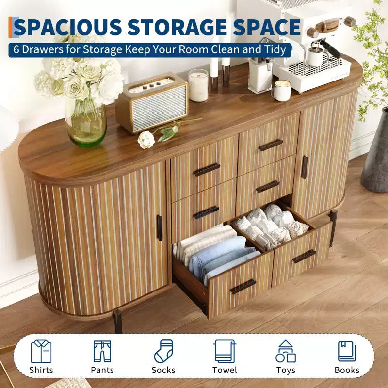 Buffet bas de ferme cannelé de 150 cm, meuble TV avec 6 tiroirs et 2 portes coulissantes, meuble de rangement polyvalent pour salon