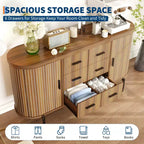 Buffet bas de ferme cannelé de 150 cm, meuble TV avec 6 tiroirs et 2 portes coulissantes, meuble de rangement polyvalent pour salon