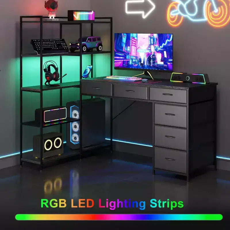 Bureau d'ordinateur en L de 120 cm avec 6 tiroirs et 5 étagères, bureau de jeu d'angle réversible avec lumières LED et prises de courant