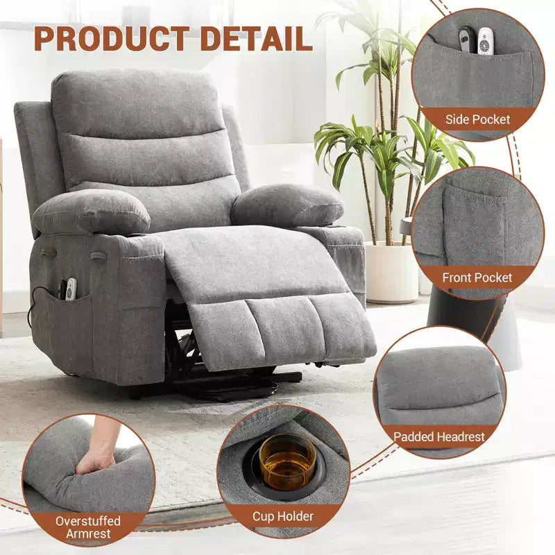 Fauteuil inclinable releveur avec massage et chauffage, fauteuils inclinables électriques surdimensionnés, siège de cinéma maison avec 2 porte-gobelets latéraux, fauteuil simple inclinable à bascule