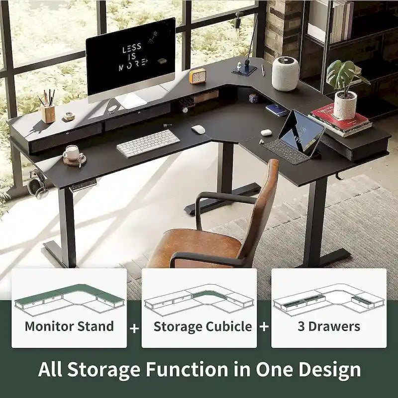 Bureau d'angle électrique debout avec 3 tiroirs et roulettes verrouillables, 160