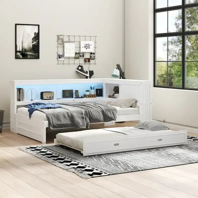 Lit de repos double avec étagères, chargement USB, lumières LED et lit gigogne simple