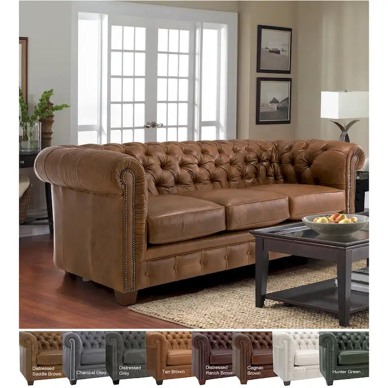 Canapé Chesterfield en cuir italien pleine fleur touffeté Hancock - 31 H x 86 L x 40 P
