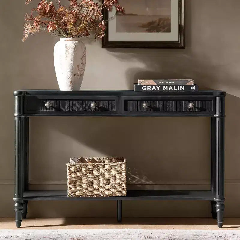 Console 47,2" en noyer avec 2 tiroirs cannelés et étagère inférieure