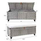 Banc de rangement en osier avec coussin pour chambre à coucher, salon, véranda - 47 H X 110 L X 47 P