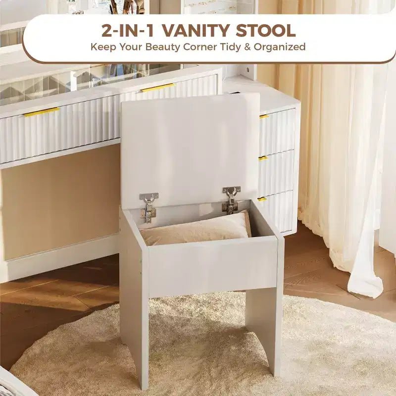 Coiffeuse cannelée de 122 cm avec miroir et lumières LED, station de charge, tabouret de rangement rembourré pour chambre à coucher