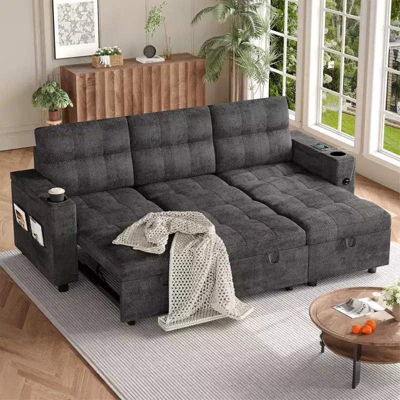 Canapé-lit convertible en L avec couchage escamotable de 213 cm, accoudoirs de rangement dissimulés, porte-gobelets et ports de charge USB, canapé modulable pour salon