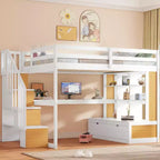 Lit mezzanine pleine grandeur avec escalier et bureau, cadre de lits mezzanine en bois avec tiroirs de rangement et étagères pour adultes, adolescents et enfants