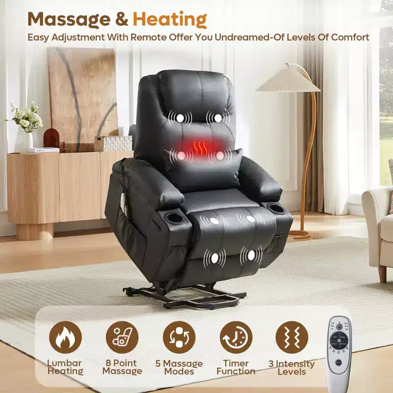 Fauteuil inclinable électrique avec fonction releveur, massage et chauffage Bestier 34,6 po, fauteuil inclinable en similicuir avec poches latérales et porte-gobelets