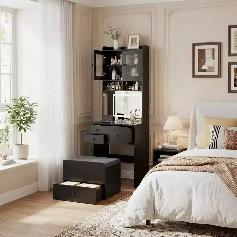 Coiffeuse 3-en-1 avec miroir lumineux, table de toilette compacte avec tiroirs, compartiment de rangement et tabouret roulant pour chambre à coucher