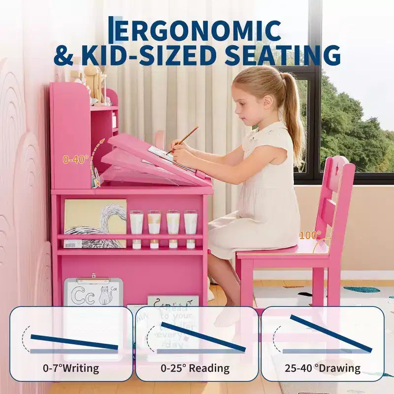 Bureau et chaise d'étude pour enfants avec rangement, bureau d'étude pour enfants avec étagère et plateau inclinable, table en bois pour enfants avec meuble de rangement pour les 3-8 ans