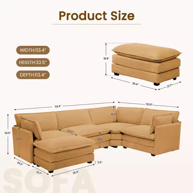 Canapé modulaire moderne 5 places en velours côtelé, surdimensionné, 113,4 po (L) x 79,13 po (l), avec pouf, canapé en U avec coin salon, HYLEORY
