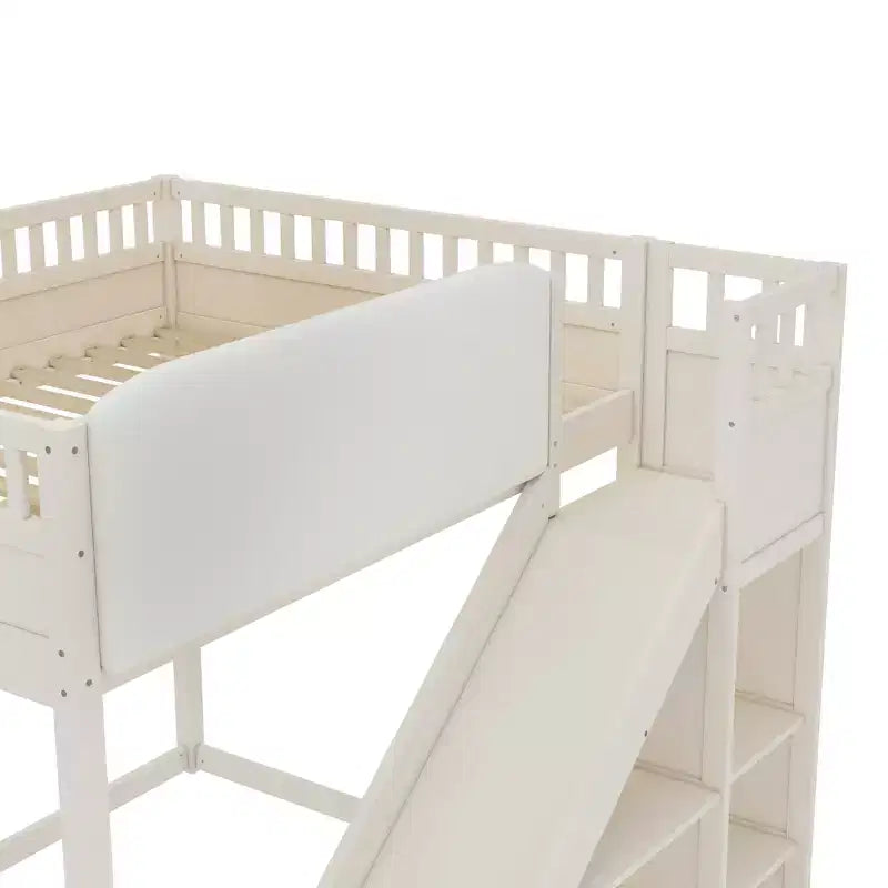 Lit mezzanine Bellemave avec tête de lit rembourrée et étagères de rangement, cadre de lit mezzanine en bois massif avec échelle et toboggan pour enfants