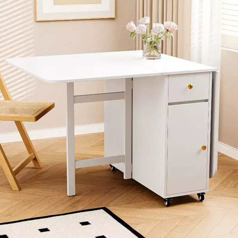 Table de salle à manger pliable ATJafurn 59 avec abattants pour petits espaces, table de cuisine rectangulaire en bois extensible avec roulettes et rangement