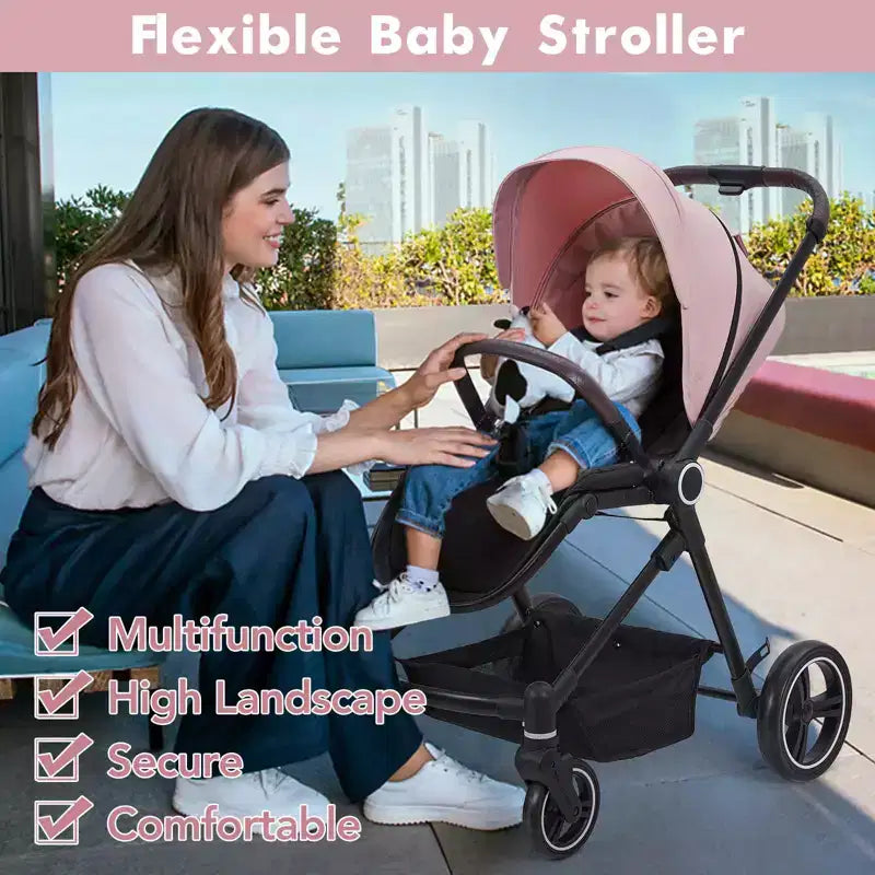 Poussette Bébé, Poussette Pliante - Poussette Haute pour Nouveau-né et Tout-petit, Landau Convertible avec Dossier Réversible