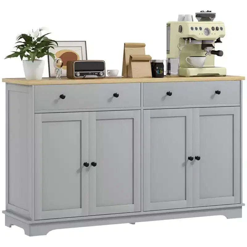 Buffet bas HOMCOM avec rangements, Meuble de cuisine moderne avec 4 portes, 2 tiroirs et 2 étagères réglables, Meuble de bar à café