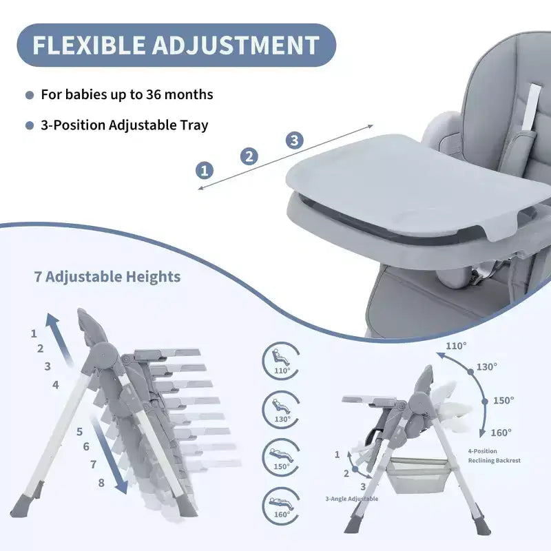 Chaise haute pliable pour bébés et tout-petits, chaise haute en cuir PU avec dossier réglable, hauteur d'assise, plateau amovible, harnais de sécurité 5 points et roues verrouillables