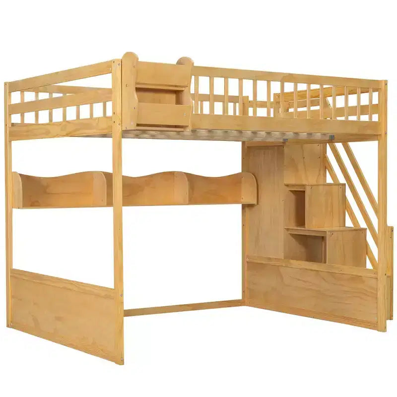 Lit mezzanine double avec escalier, armoire et étagères de rangement – MDF, 295 kg