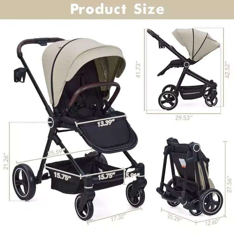 Poussette Bébé, Poussette Pliante - Poussette Haute pour Nouveau-né et Tout-petit, Landau Convertible avec Dossier Réversible