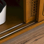 Meuble TV vintage en rotin avec 2 placards de rangement et 4 pieds en bois pour salon, chambre et bureau