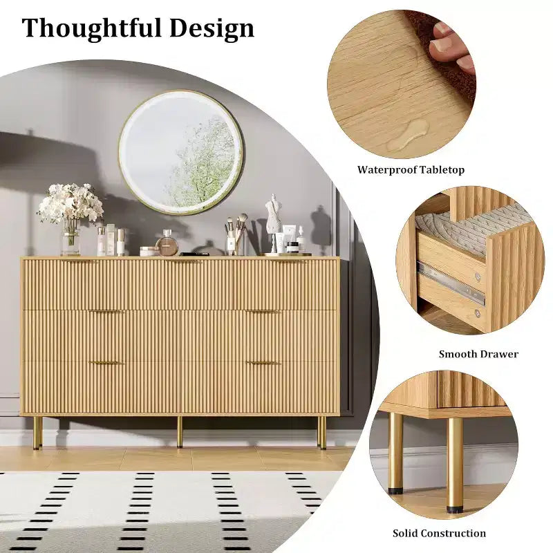 Commode cannelée à 7 tiroirs, Armoire de rangement moderne en bois, Meuble de chambre à coucher pour salon ou couloir