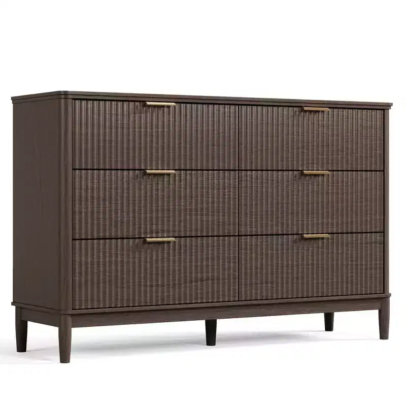 Commode LINSY HOME à 6 tiroirs cannelés pour chambre à coucher, grande commode de style moderne du milieu du siècle avec poignées en métal doré, commodes larges en bois de style bohème