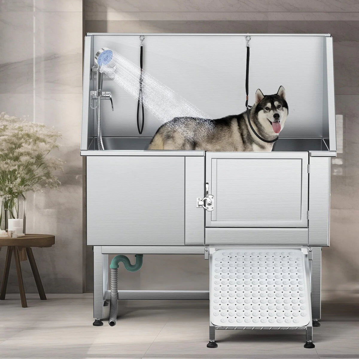 Baignoire de toilettage pour animaux en acier inoxydable de 50 po avec rampe d'accès réglable
