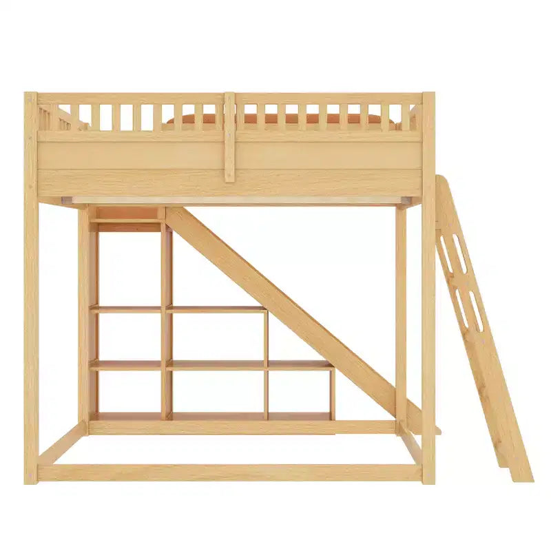 Lit mezzanine Bellemave avec tête de lit rembourrée et étagères de rangement, cadre de lit mezzanine en bois massif avec échelle et toboggan pour enfants
