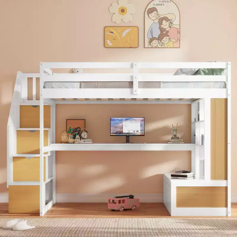 Lit mezzanine pleine grandeur avec escalier et bureau, cadre de lits mezzanine en bois avec tiroirs de rangement et étagères pour adultes, adolescents et enfants