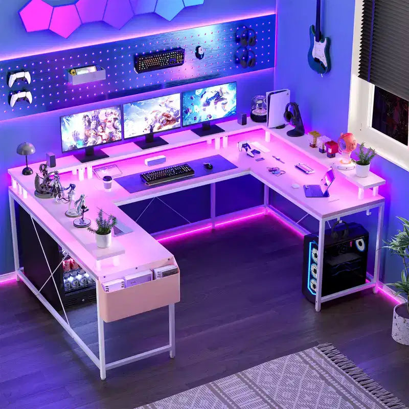 COZONY Bureau de jeu en forme de U/L 78", bureau d'ordinateur réversible avec prises de courant, lumières LED, support de moniteur et étagère de rangement, bureau d'angle pour le bureau à domicile