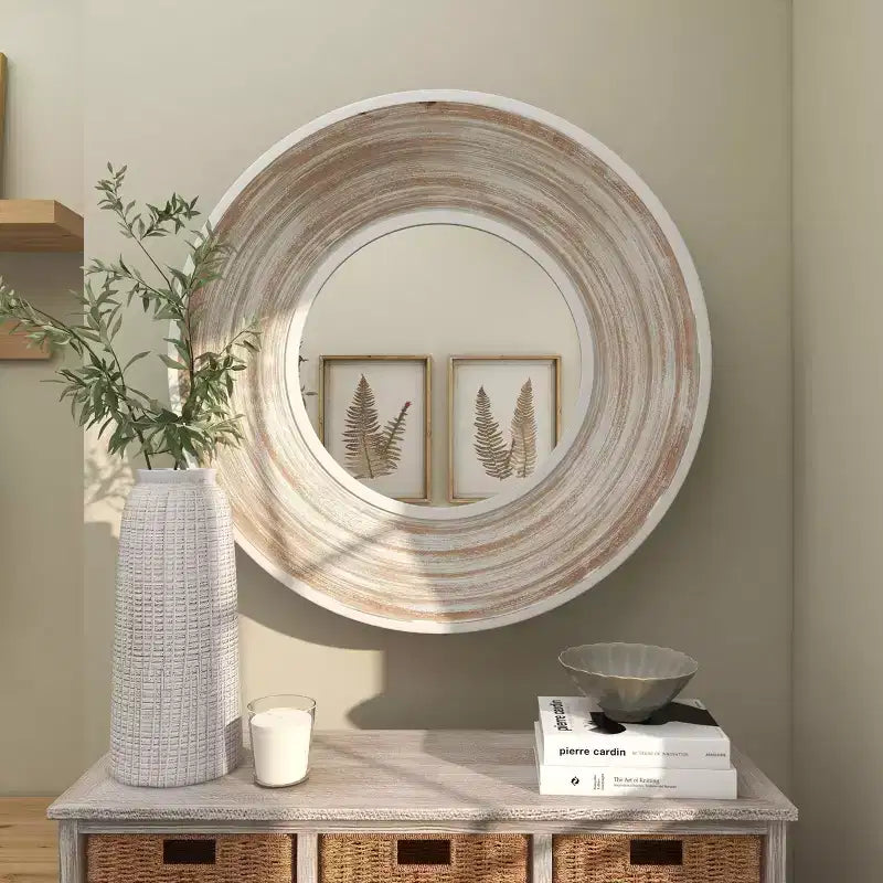 Miroir mural en bois 35x35 avec effet blanchi crème - Olivia & May : Aucun assemblage, cadre en MDF, usage intérieur