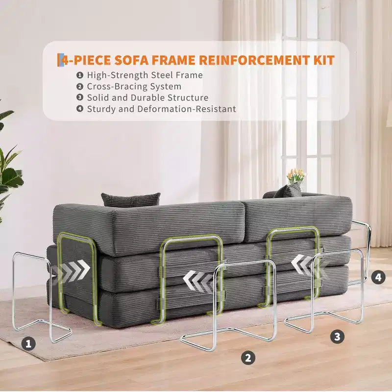 Canapé futon moderne en velours côtelé de 79 po pour petits espaces, canapé-lit convertible 5 en 1 avec accoudoirs et oreillers amovibles