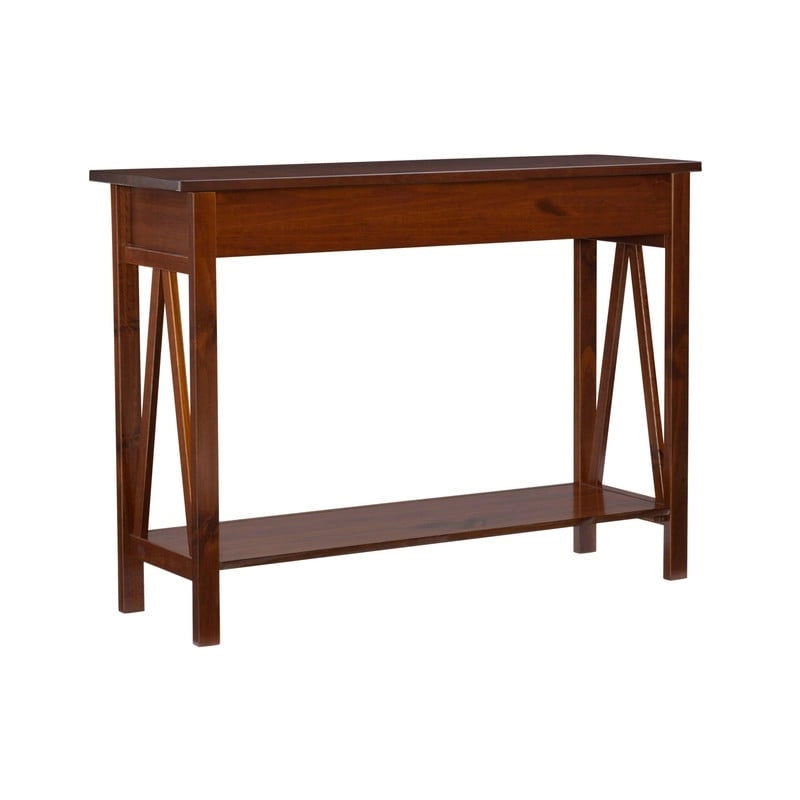Console en bois marron tabac antique avec tiroir et étagère ouverte