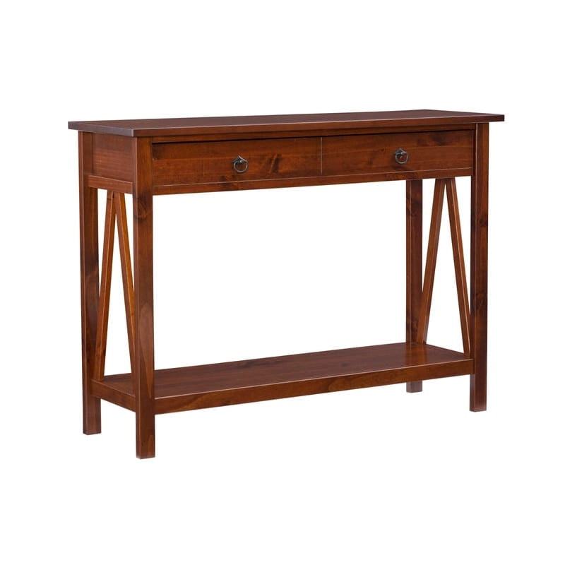 Console en bois marron tabac antique avec tiroir et étagère ouverte