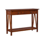 Console en bois marron tabac antique avec tiroir et étagère ouverte