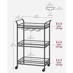 Chariot de bar, Desserte de bar à domicile, Petit chariot de bar avec étagère à 3 niveaux, Range-bouteilles, Porte-verres, Chariot de bar, 38 x 60 x 92 cm