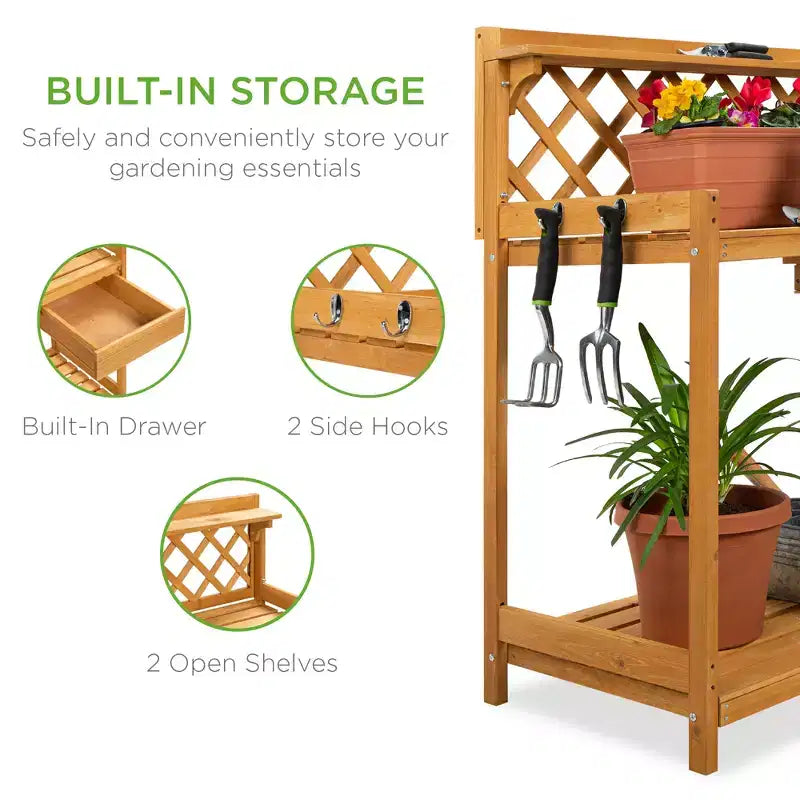 Table de rempotage de jardin en bois d'extérieur Best Choice Products, plan de travail avec tiroir de rangement et étagère ouverte