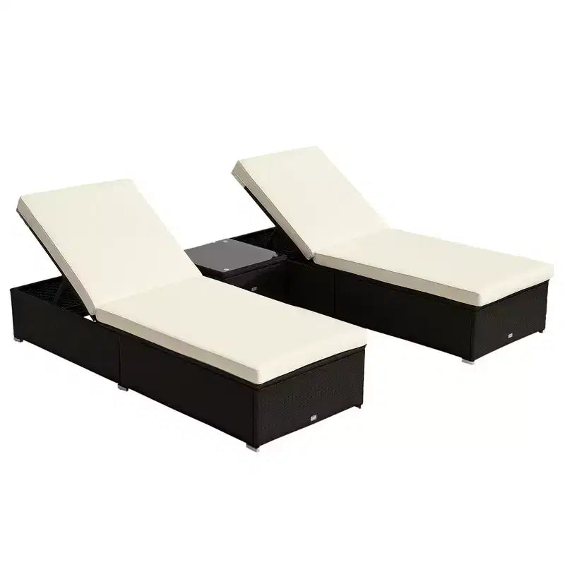Ensemble de 2 chaises longues avec dossier réglable sur 5 positions, table basse d'extérieur, coussins déperlants, chaises de piscine en rotin PE