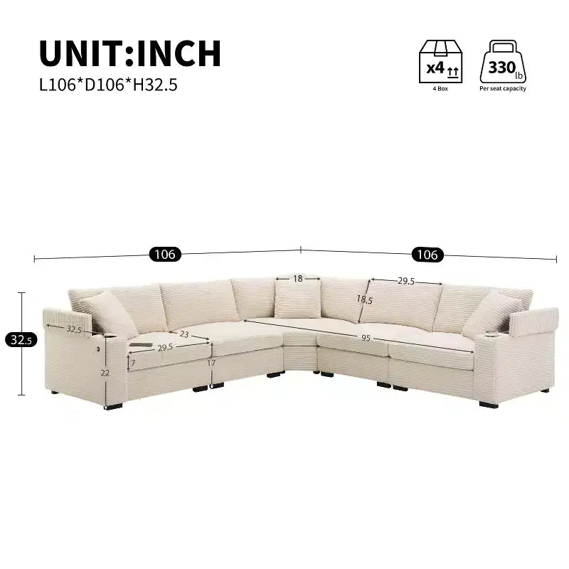 Canapé d'angle modulable en velours côtelé 106 avec accoudoir, rangement, porte-gobelets, chargeur USB et canapé modulaire surdimensionné confortable
