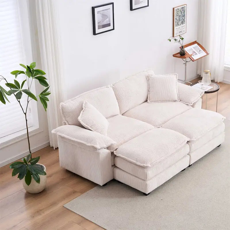 Canapé 2 places moderne en velours côtelé avec 4 coussins de soutien et 2 poufs