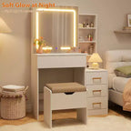 Coiffeuse moderne DobleePy avec miroir coulissant et lumières LED, 4 tiroirs, 7 étagères, station de recharge et tabouret, table de maquillage pour chambre à coucher