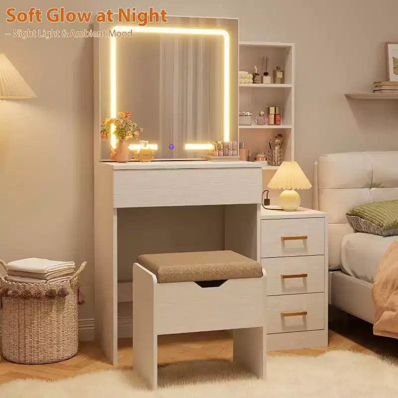 Coiffeuse moderne DobleePy avec miroir coulissant et lumières LED, 4 tiroirs, 7 étagères, station de recharge et tabouret, table de maquillage pour chambre à coucher